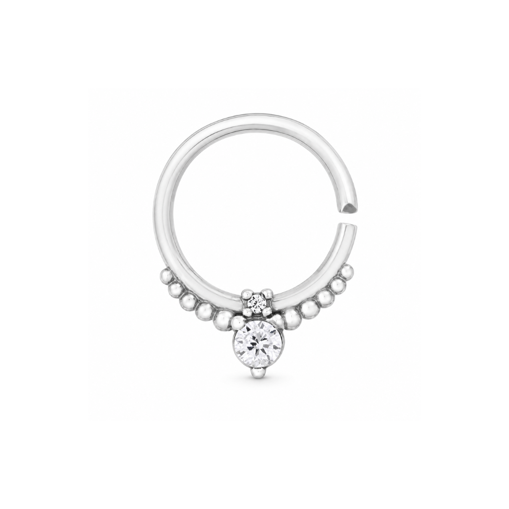 PIERCING ARGOLA CRAVEJADA NAVETE CENTRAL BOLINHAS EM ELOS