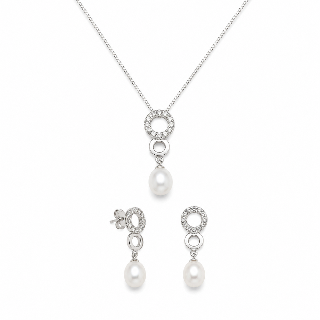 CONJUNTO DOIS CIRCULOS CRAVEJADO/LISO PEROLA PENDURADA 45CM
