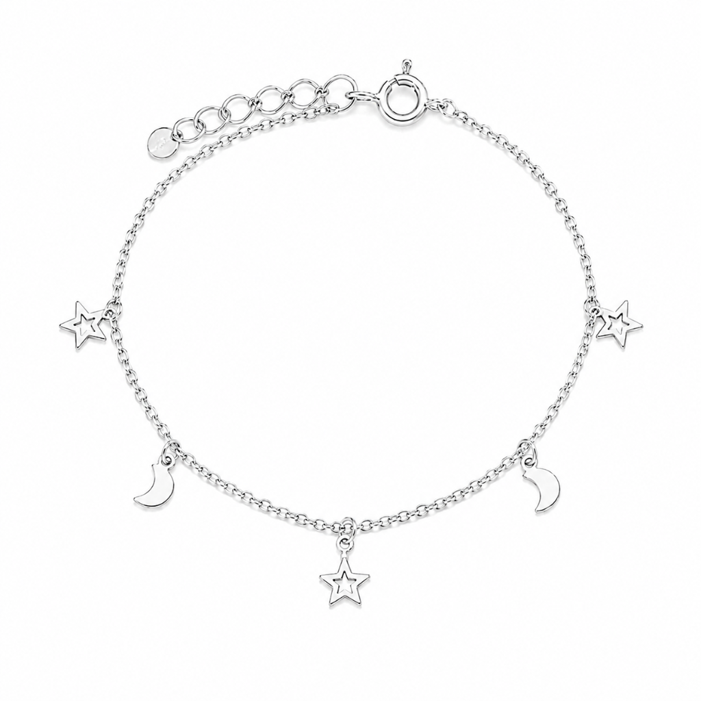 PULSEIRA EM ELOS ESTRELA/LUA PLAQUINHA PENDURADA