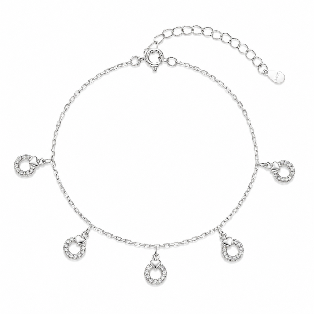 PULSEIRA CIRCULOS CRAVEJADOS COM CORACAO LISO PENDURADOS