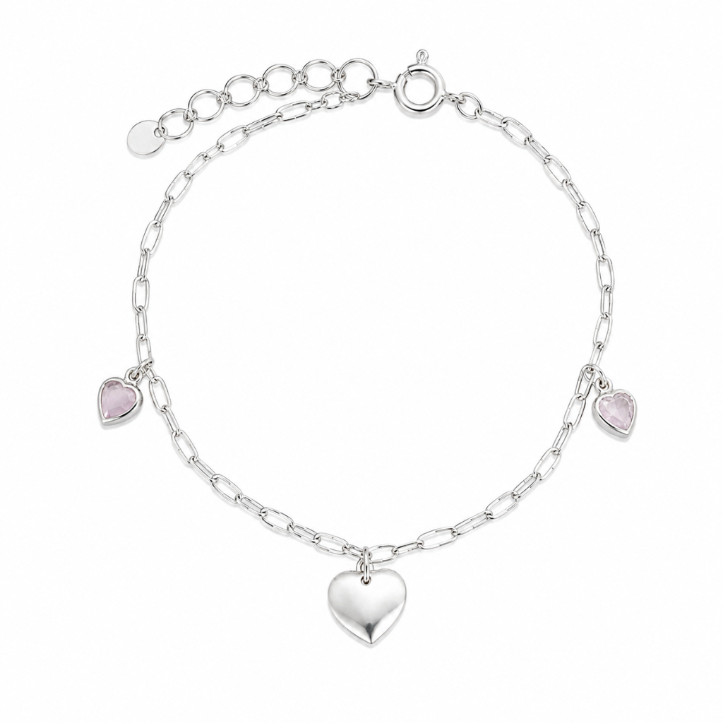 PULSEIRA EM ELOS CORACAO LISO/PONTOS DE LUZ CORACAO ROSA PENDURADOS