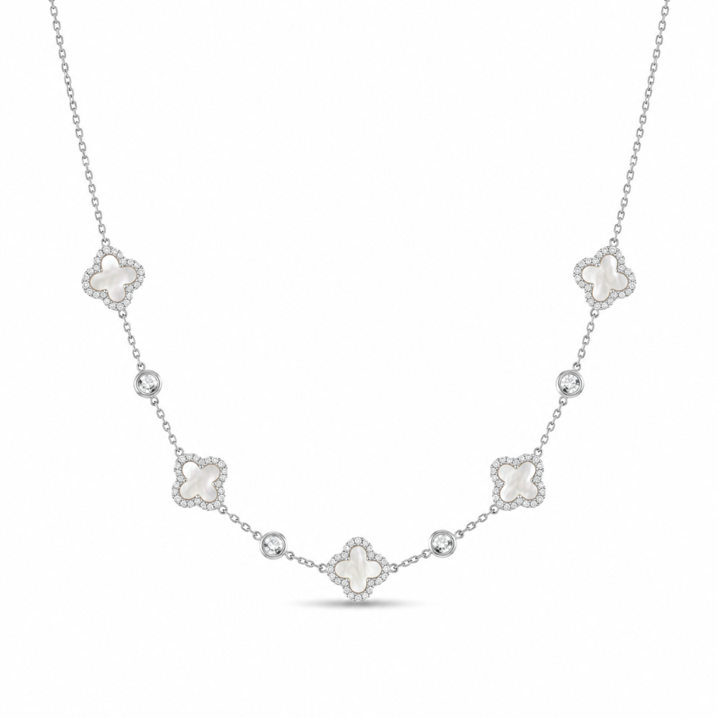 CHOKER 5 TREVOS MADREPEROLA INTERCALADOS COM PONTOS DE LUZ 40+5CM