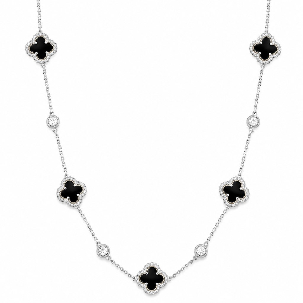 CHOKER 5 TREVOS EM PEDRA ONIX INTERCALADOS COM PONTOS DE LUZ 40+5CM