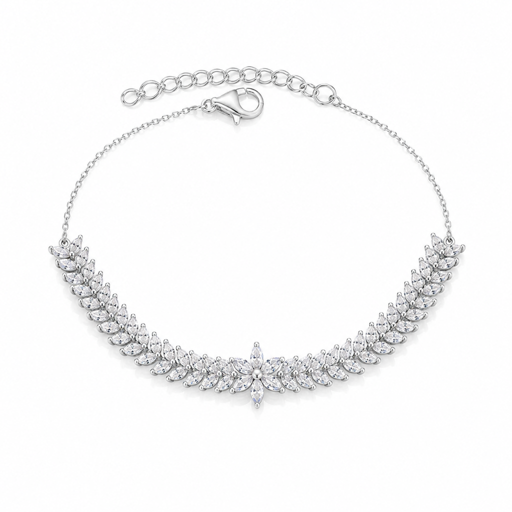 PULSEIRA FOLHAS COM FLOR CENTRAL EM ZINCORNIAS