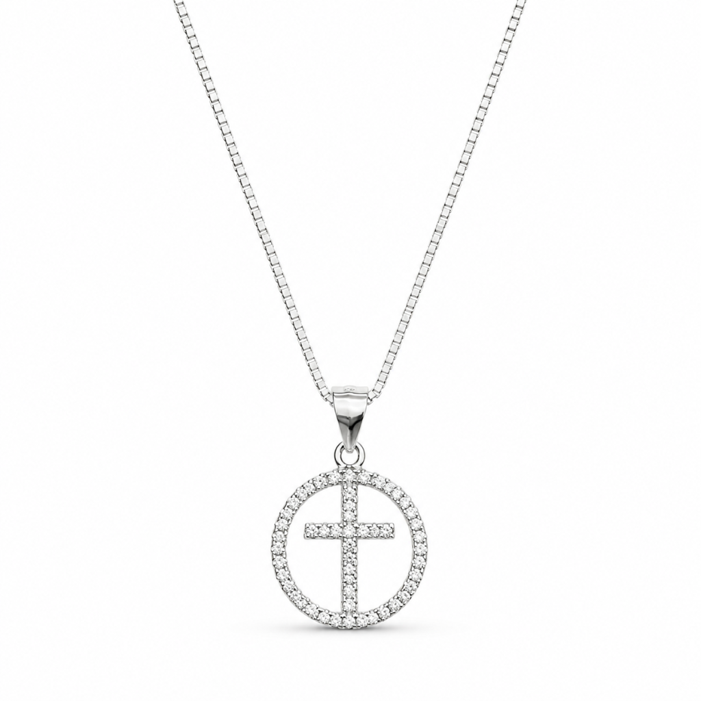 COLAR ARO CIRCULAR CRUCIFIXO CENTRAL CRAVEJADO