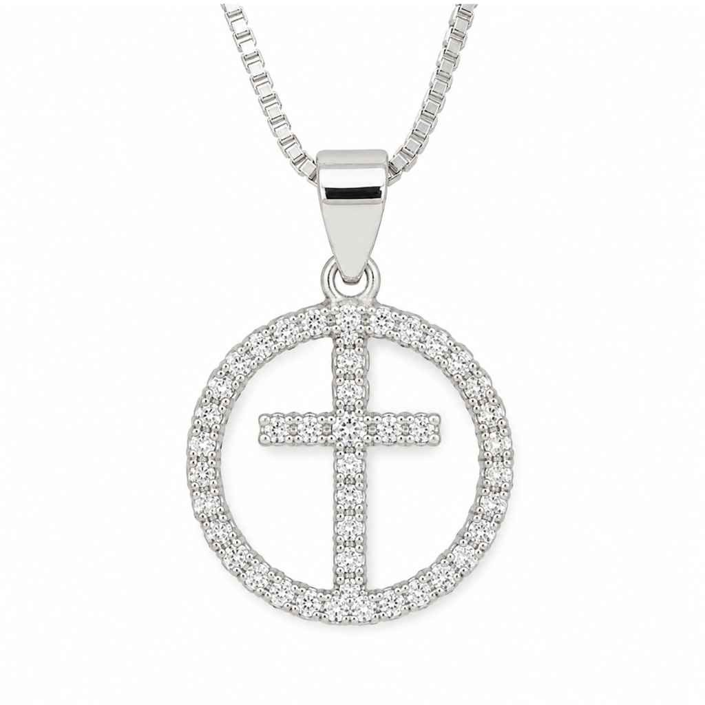 COLAR ARO CIRCULAR CRUCIFIXO CENTRAL CRAVEJADO