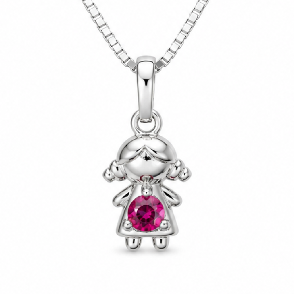 COLAR PINGENTE MENINA LISO PEDRA ROSA